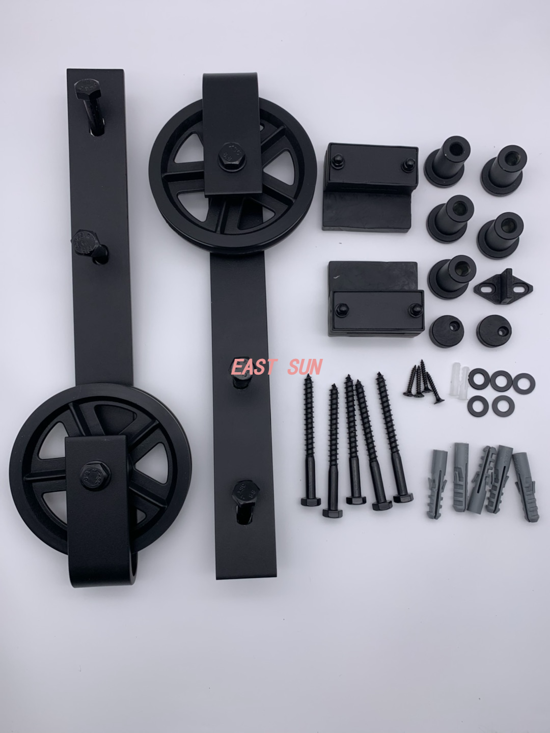 Kit de rails de quincaillerie pour porte de grange coulissante, pour portes doubles, rouleaux à gros rayons