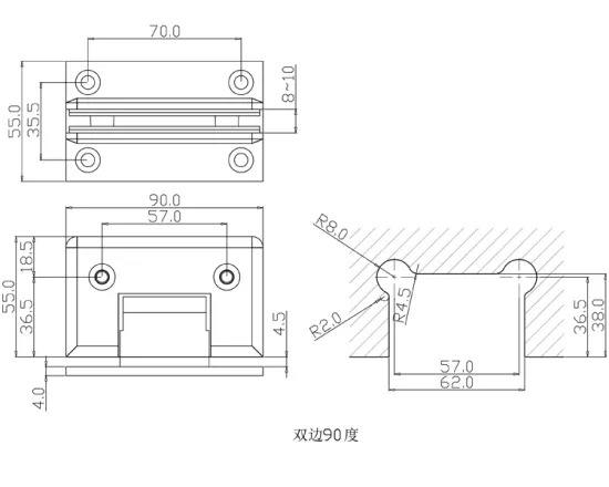 Charnière de porte de douche à plaque arrière complète à 90 degrés pour verre de 1/2″ à 3/8″,