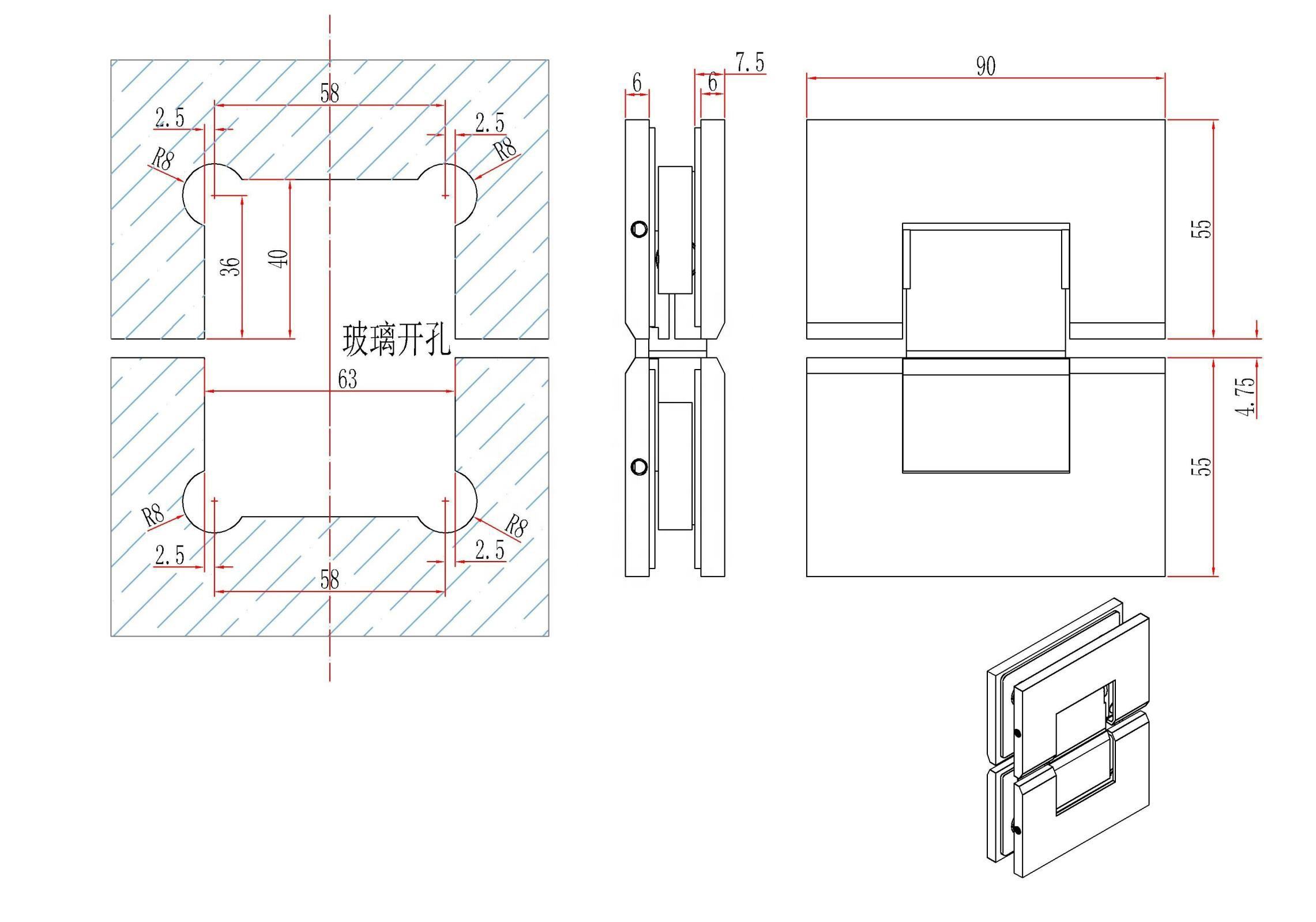 Charnière de porte de douche réglable verre à verre à 180 degrés pour verre 1/2″ – 3/8″