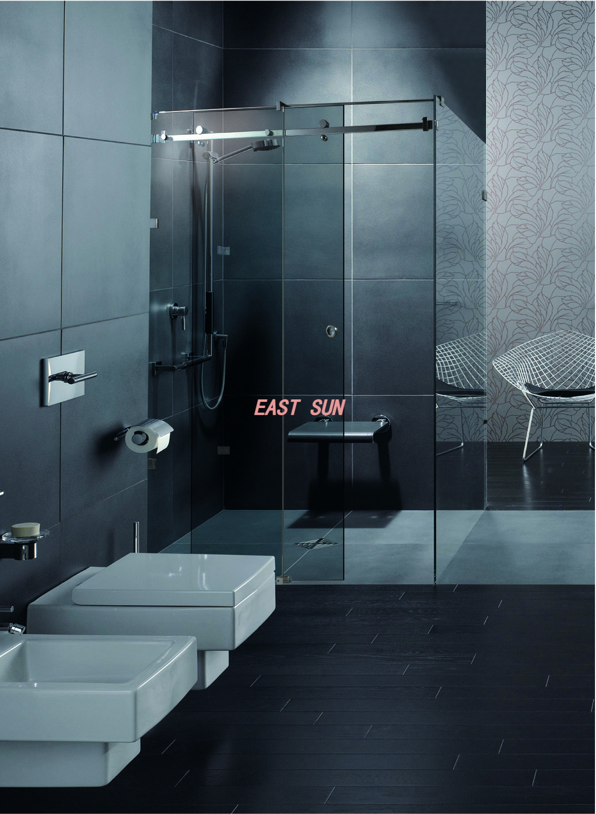 Système de porte coulissante Deluxe à 180 degrés de la série Serenity en acier inoxydable brossé