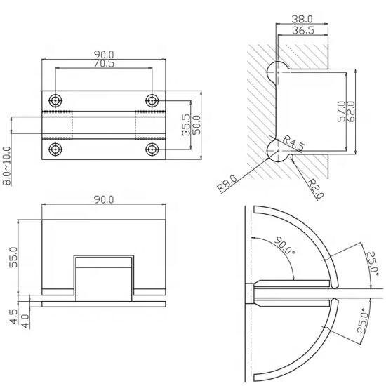 Charnière de porte de douche en verre chromé de type H à 90 degrés pour verre de 1/2″ à 3/8″